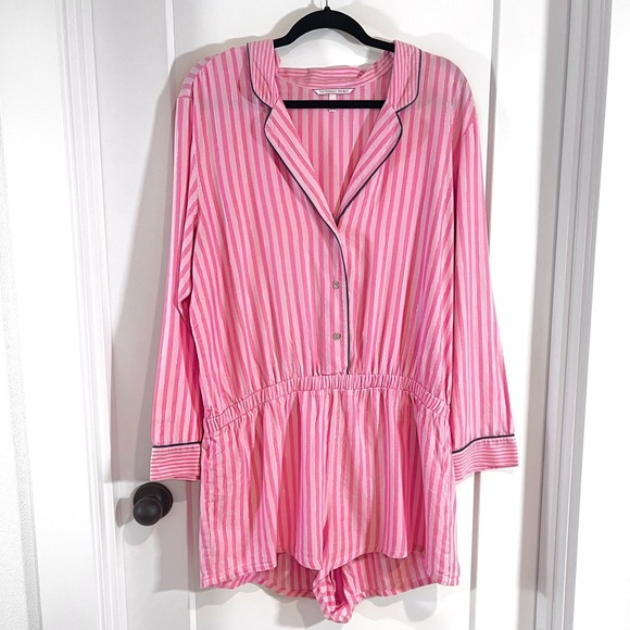 Like New Victoria Secret Flannel Pajama Sleep Romper Pink Striped - Picture 2 of 7